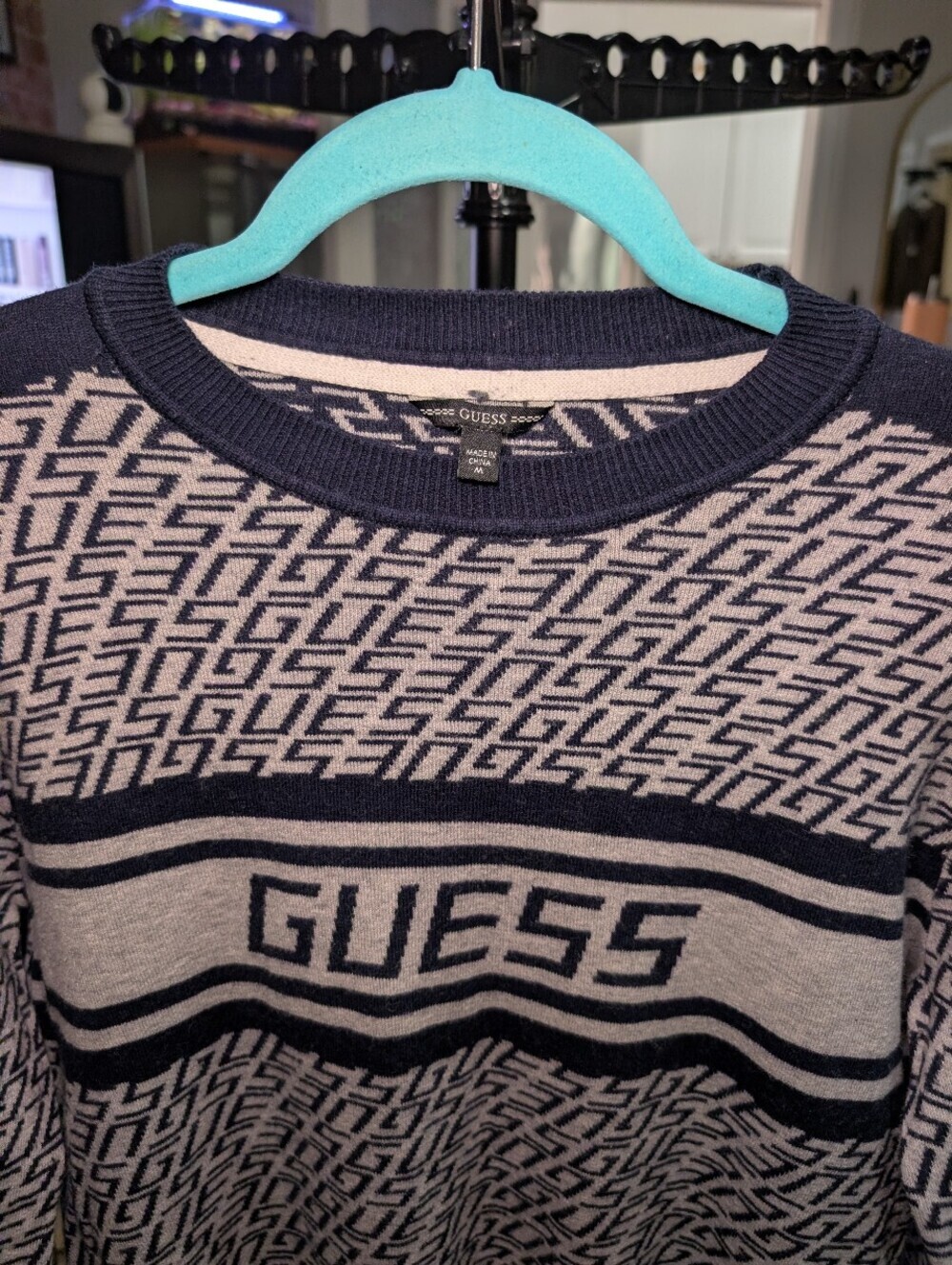 Guess Logo Crewneck Sweater in Navy and Cream - Picture 6 of 6